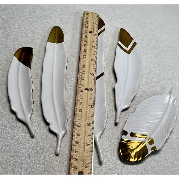 Set of 5 Porcelain Feather Wall Hangings White‎ & Gold Ceramic Boho Decor - Picture 6 of 10